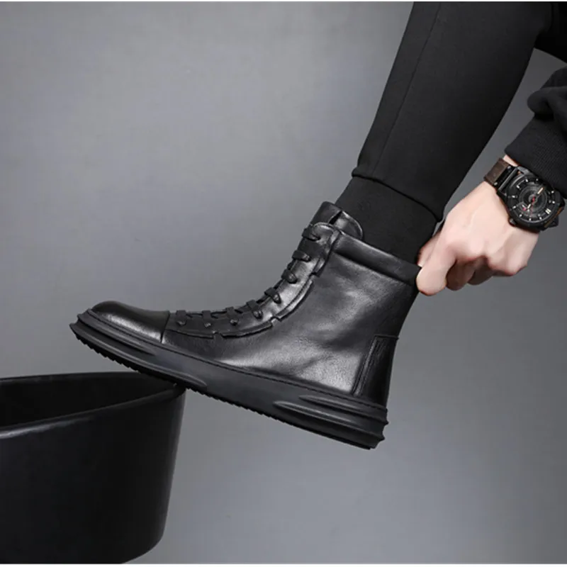 High Top Genuine Leather Men Casual Shoes Autumn Winter Warm Shoes Men 2020 Fashion Lace-up Flat Men Boots Zapatos Hombre