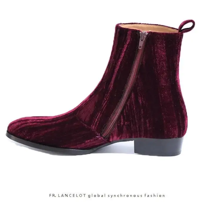 Wine Color Velvet Top Quality Fashion Boy Men Chelsea Boots Ankle Boots Flats Side Zipper Euro size 45 46 shoes women