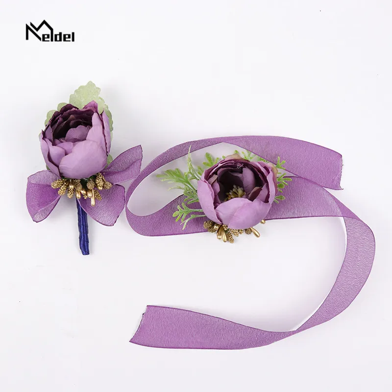 แต่งงาน Boutonniere และนาฬิกาข้อมือดอกไม้สำหรับเจ้าสาวเจ้าบ่าว Boutonniere สำหรับ Mariage พรหมสีม่วง Rose นาฬิกาข้อมือสตรีมือดอกไม้