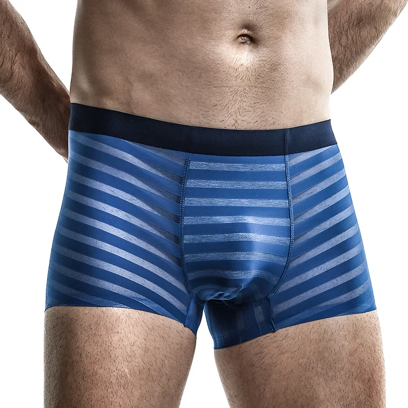 Summer Man Ice Silk Stripe Soft Underwear Thin Breathable Seamless High Elasticity Mens Boxers Male U Pouch Bag Cueca Underpants