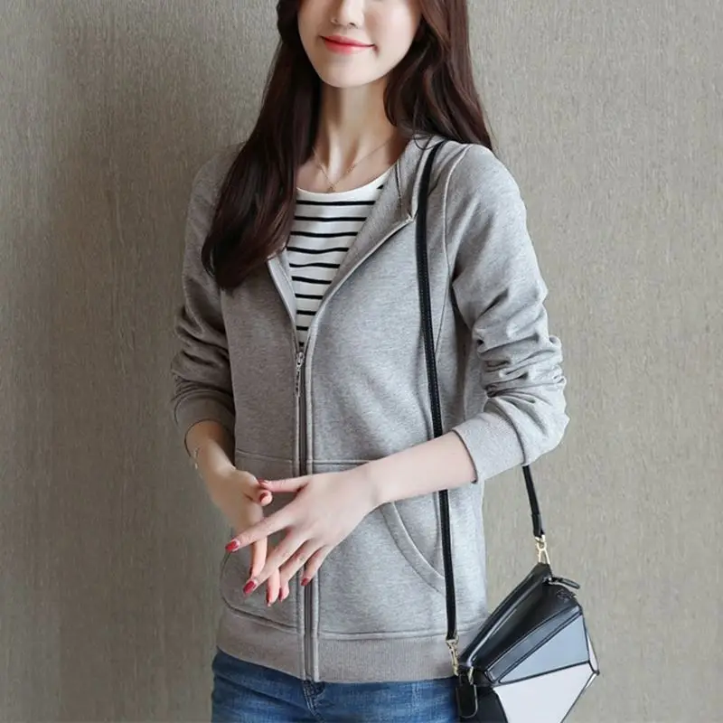 Spring Autumn Commuting Women Hoody Thin Style Lady Sweatshirt Thread Terry Cloth Solid Color Harajuku Black Red Pullover Female