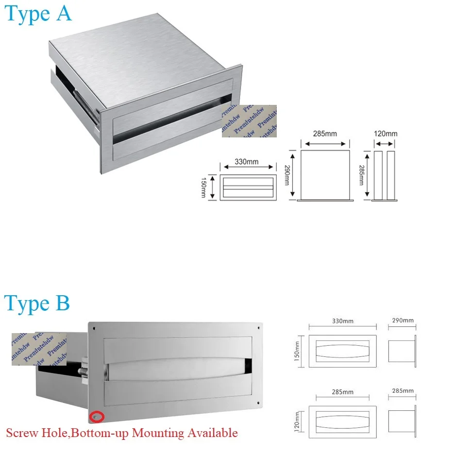 Brushed 304 Stainless Steel Rectangle Wall Flush Mount Built-in Tissue Box Holder Spring Loaded Push