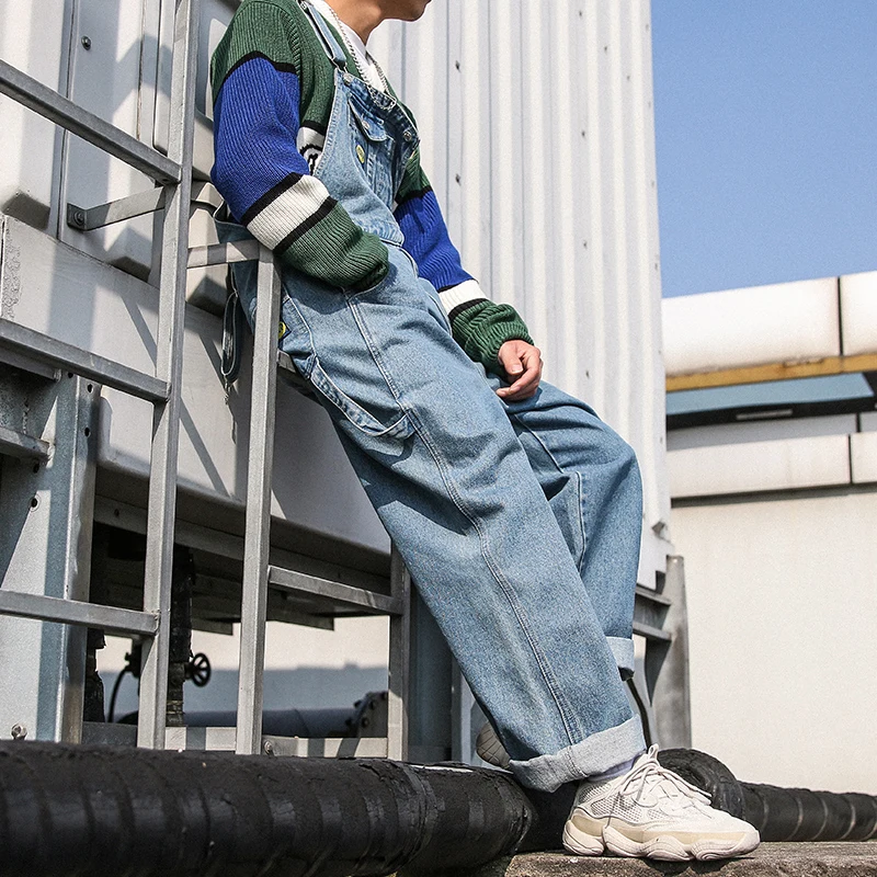 2021 Spring Denim Rompers Overalls Men Bib Jumpsuit Single Cargo Fashion Casual Pants Big Pocket Light Blue Trousers
