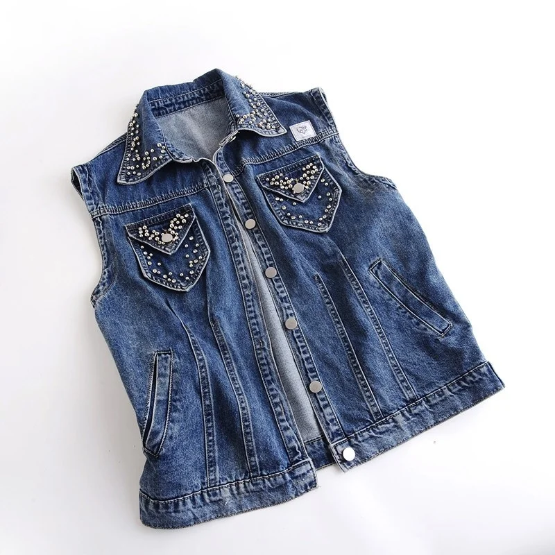 Fashion New Rivets Denim Vest Women Korean Style Autumn Single Breasted Loose Fit Sleeveless Jacket Lapel Casual Waistcoat Tops