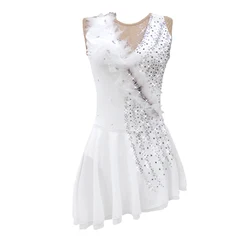 Ice Skating Dress Girls White Flower Spandex Elastane High Elasticity Competition Skating Wear Handmade Jeweled Rhin