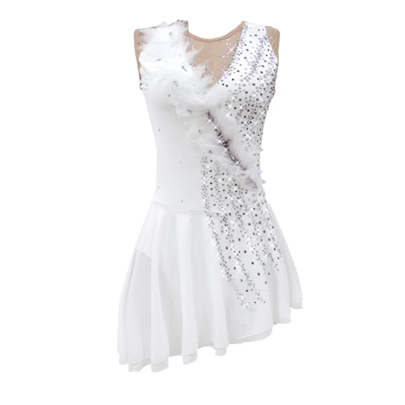 Ice Skating Dress Girls White Flower Spandex Elastane High Elasticity Competition Skating Wear Handmade Jeweled Rhin