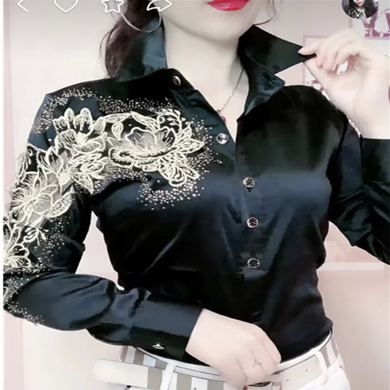 Camisa de cetim feminina, camisa com diamantes e ponto vazados, primavera e outono 2020