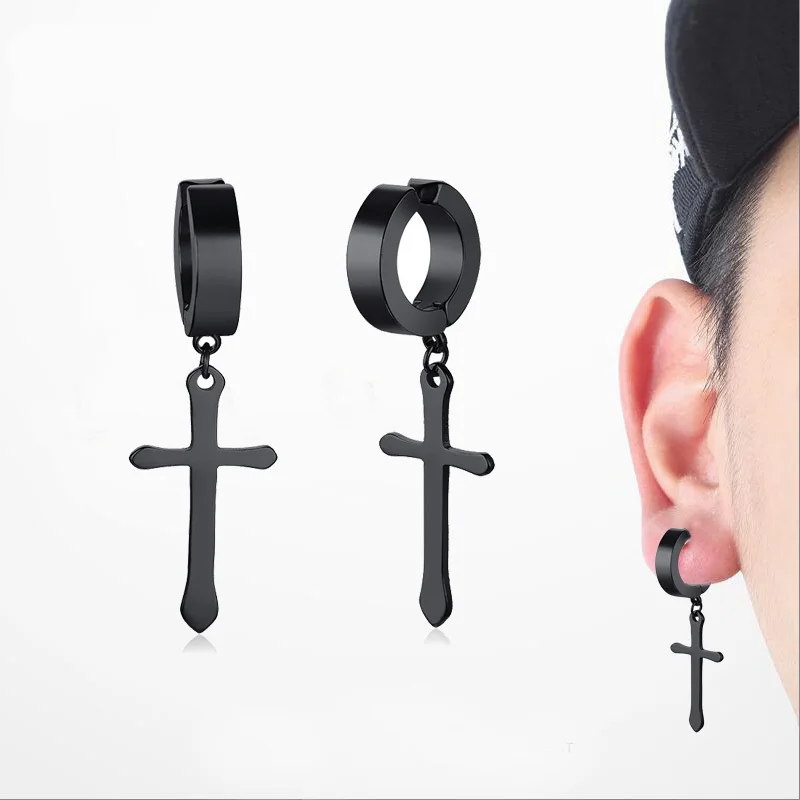 Men's Cross Hoop Earrings In Black Stainless Steel Crucifix Drop Huggie Hinged Earings Male Jewelry