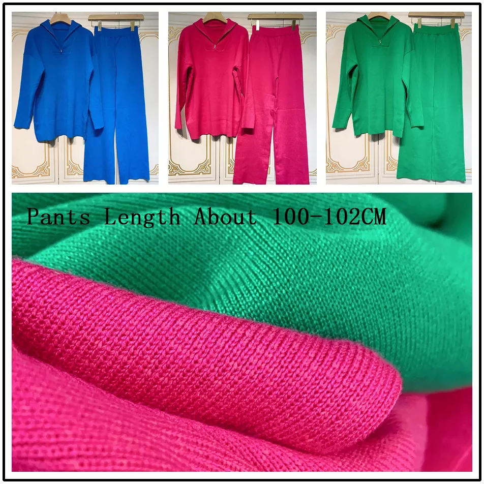 2024 Casual autunno maglione lavorato a maglia sciolto Set moda Zip bavero manica lunga Pullover maglione e pantaloni dritti Set due pezzi