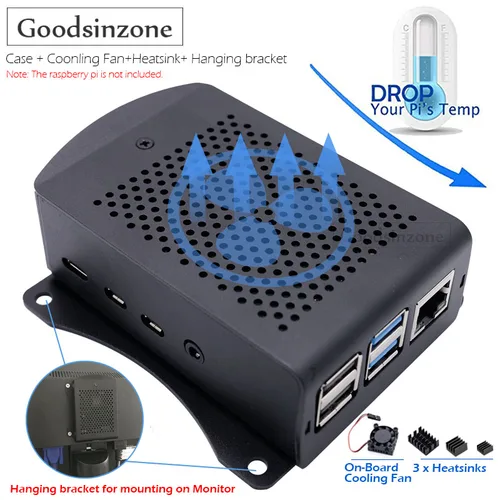 Imagen 1 del producto Caja de aluminio Raspberry Pi 4 Modelo B con kit de disipadores de calor con ventilador de refrigeración, caja de carcasa de metal con ventilador de refrigeración integrado (Pi 4B no incluida)