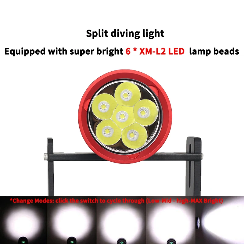 Letonpower-lanterna de mergulho para mergulho, lâmpada de led subaquática, iluminação para mergulho, lm, 6xl2