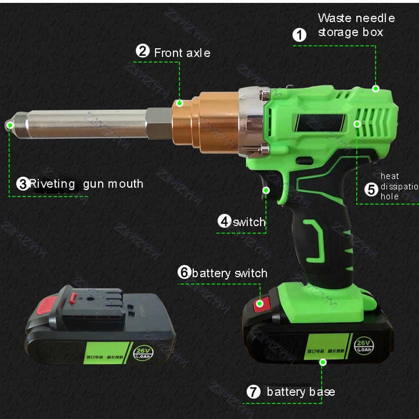 Pistolet à Riveter électrique sans fil, Rechargeable, Support de pistolet à Riveter 6000mm-2.4mm avec Rivet, 26V 5.0 mAh
