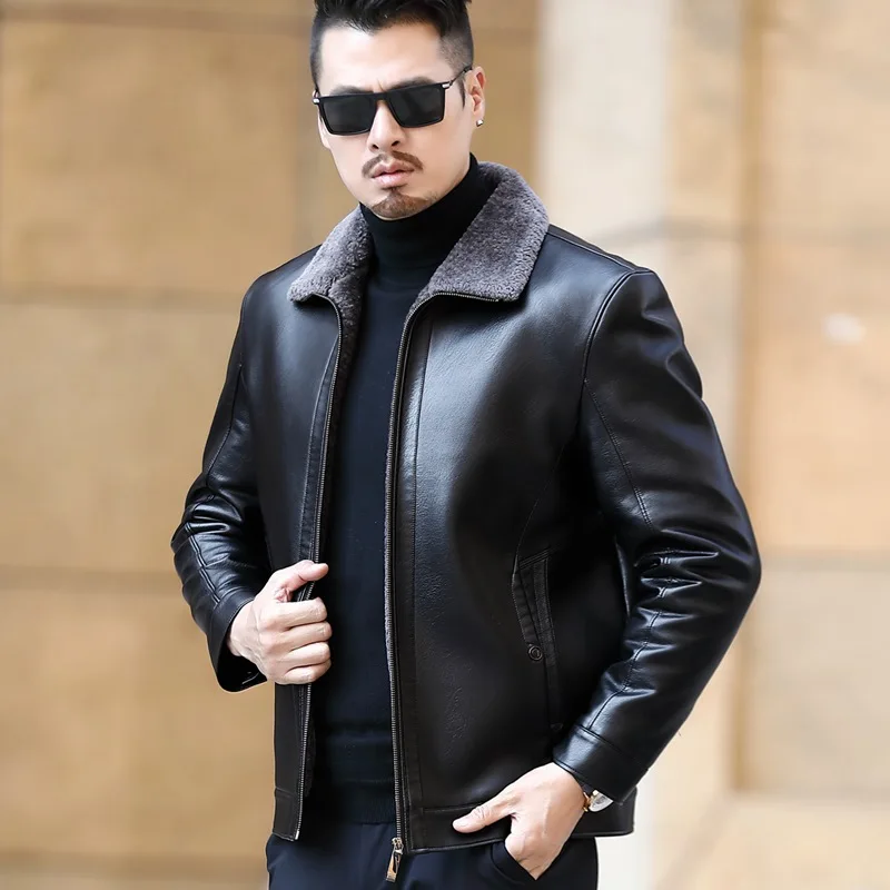 YX-222 Leather Jacket Men's Fur One Casual Thickened Plus Cashmere Sheep Leather Jacket Short Coat