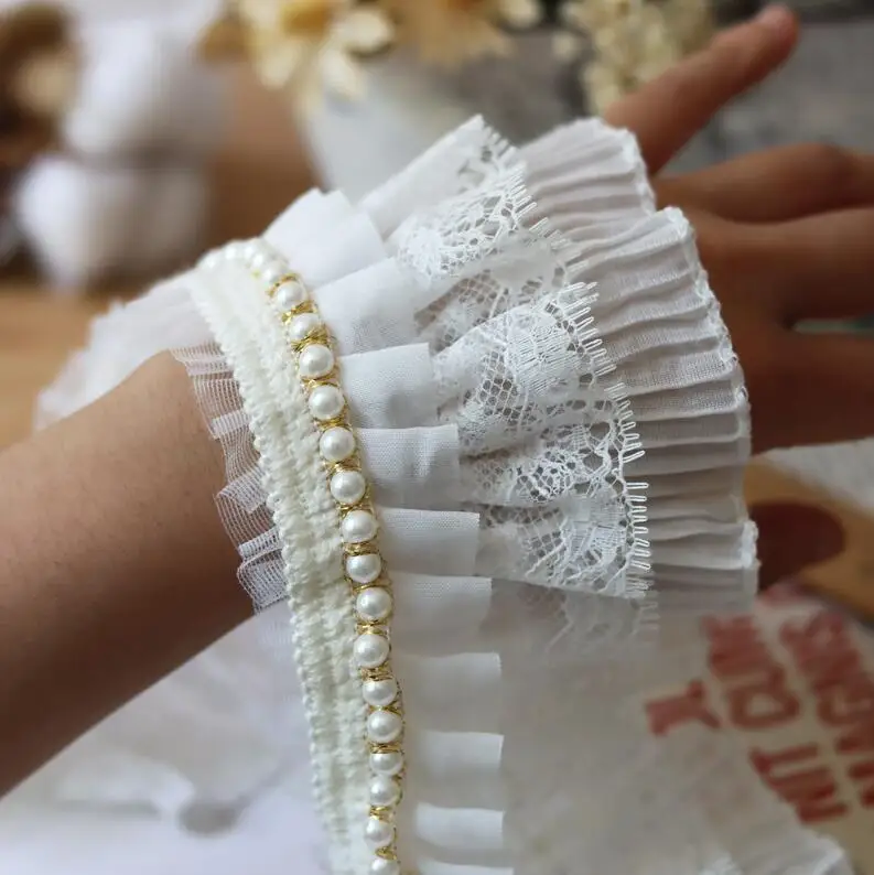 2meter/lot Quality White Ruffled Trim 3Layer Beads Pleated Lace Doll Clothes Drerss DIY Accessories X443