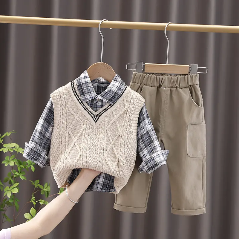 Spring Fashion Kids Cotton Clothes Kids Boys Girls Sweater Vest Plaid Shirts Pants 3Pcs/sets Pocket Children Toddler Tracksuits