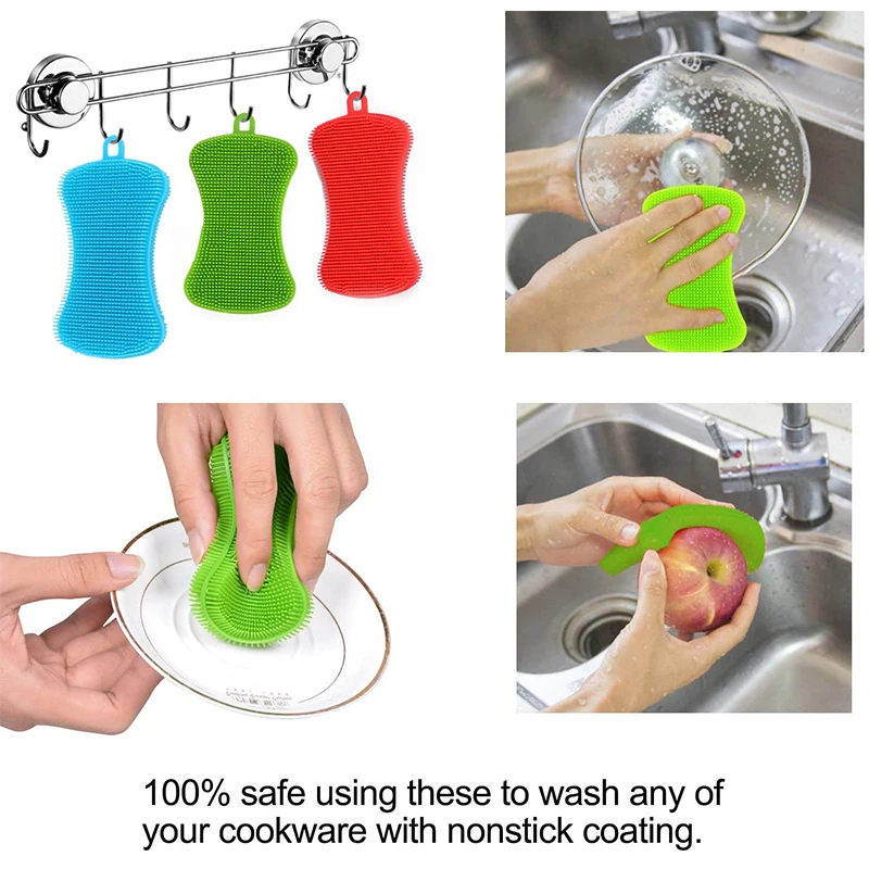 3Pcs Silicone Dish Washing Brush Pot Pan Sponge Kitchen Cleaning Brush Silicone Scouring Pad Vegetable Fruit Pot Pan Wash Brush