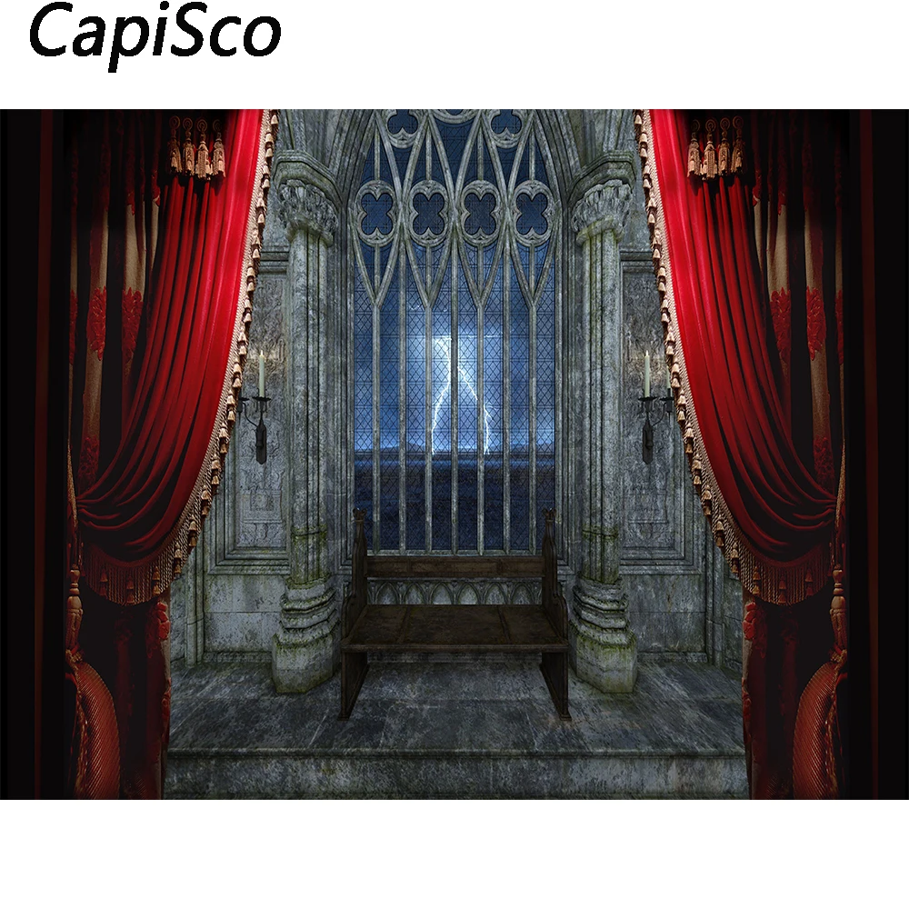 Capisco Halloween Night Photography Backdrop Haunted House Red Curtain Photo Background Vampire Party Shoot Studio Props