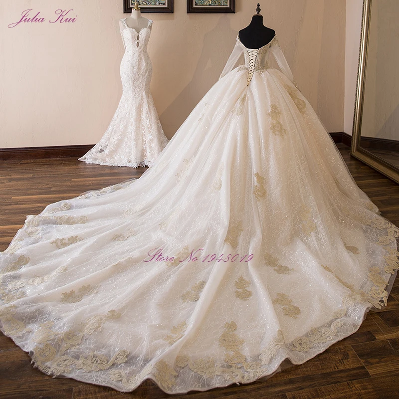 Julia Kui Elegante tulle lucido cappella treno applique abito da ballo in pizzo abiti da sposa perle con perline gonne da sposa con spalle scoperte