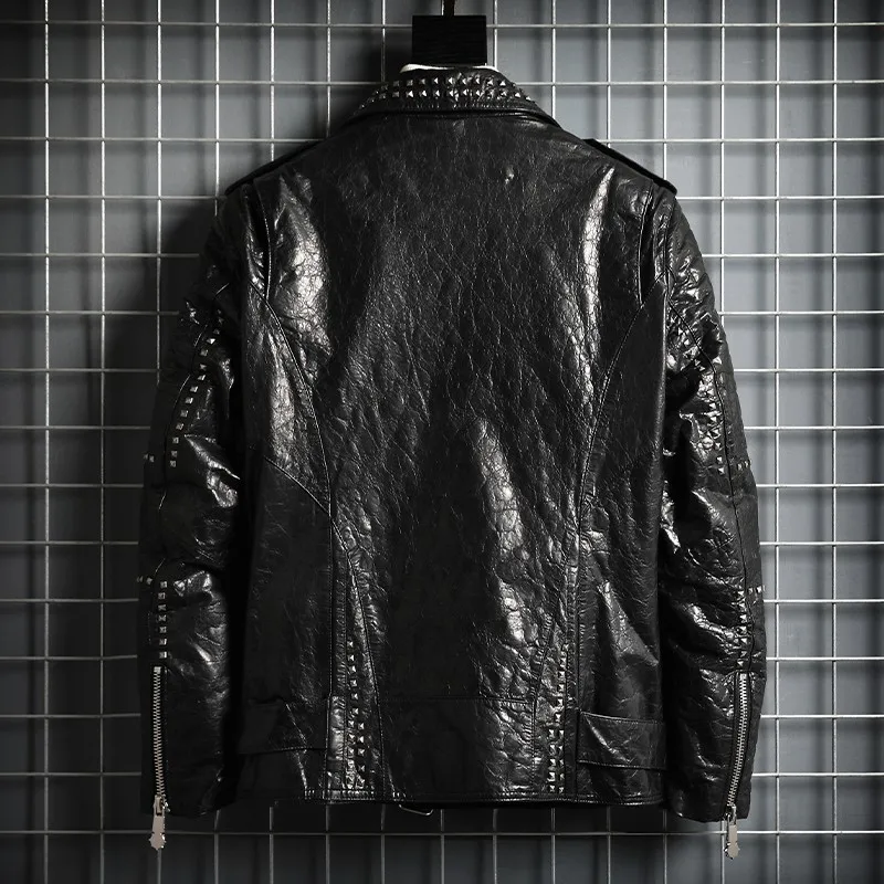 Punk Style Outerwear Rivets Zipper Motorcycle Biker Jacket Men Turn-Down Collar Genuine Leather Cowhide Coat Mens Short Jackets