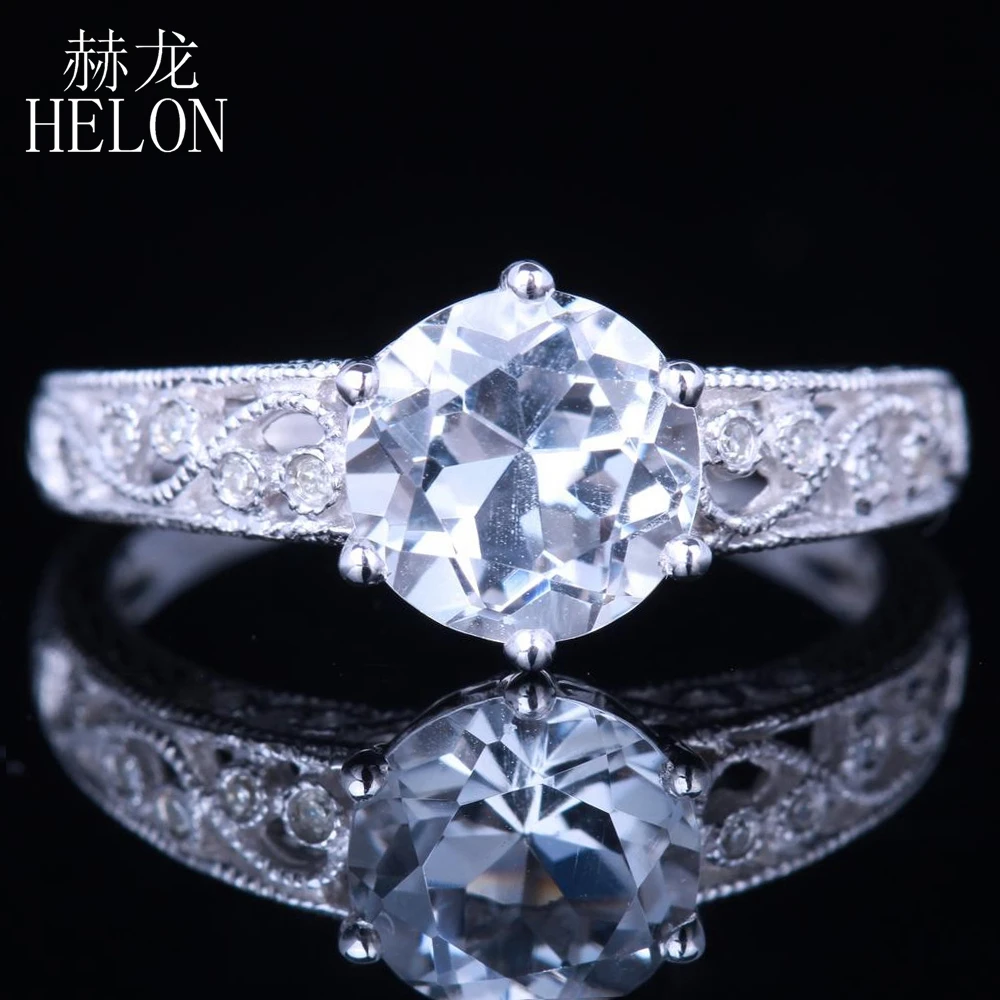 

HELON 925 Sterling Silver Flawless 8mm Round Genuine White Topaz Diamonds Ring Women Engagement Wedding Vintage Style Jewelry