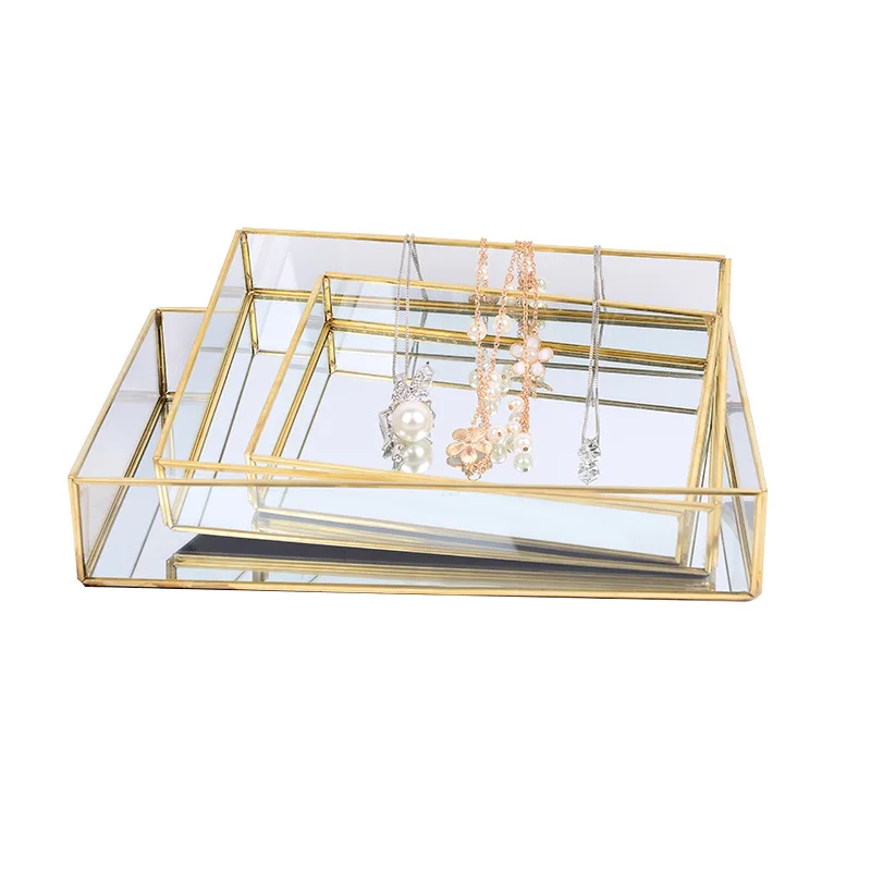 Nordic Retro Storage Tray Gold Rectangle Glass Makeup Organizer Tray Dessert Plate Jewelry Display Home Kitchen Decor