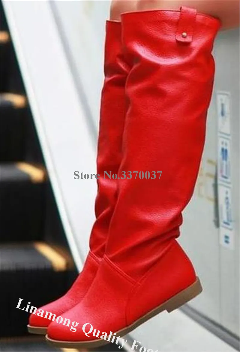 Linamong Casual Flat Knee High Boots Women Matte Red Leather Round Toe Long Flat Boots Women Leisure Boots Big Size 47 Boots