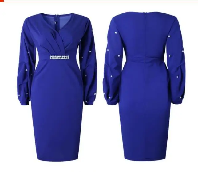 Autumnr Jurk Vrouwen Office Lange Mouwen V-hals Effen Kleur Kralen Formele Jurk Winter Potlood Jurken Bodycon Dress Vestidos