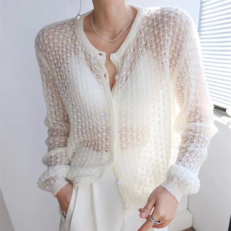 2023 Hollow Out See Through Cardigan Lady Fashion Long Sleeve Single Breasted Button Knitted Sweater Women Autumn Sweet Thin Top