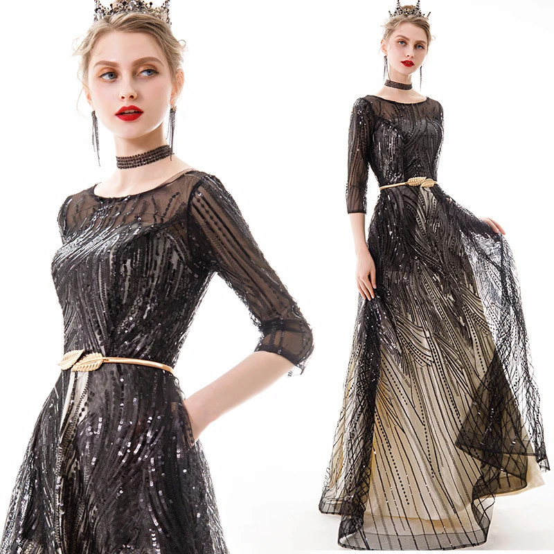 

New black champone half sleeve sequined lady girl women mother princess prom evening performance banquet party ball dress gown