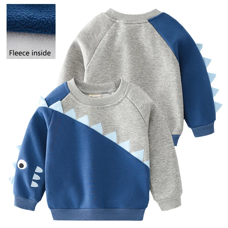 

Флисовая утепленная толстовка для мальчиков, с изображением акулы, для малышей, теплая куртка, плотное пальто, детская зимняя одежда