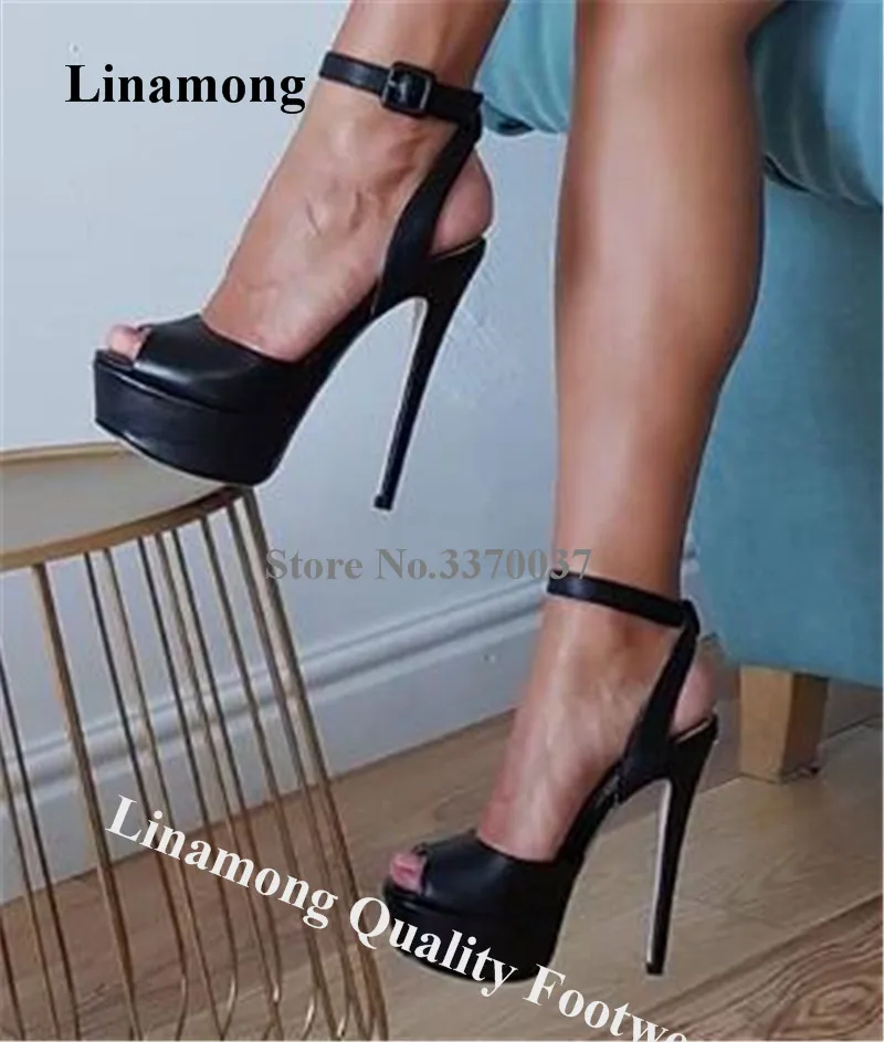 

Linamong Brand Design Peep Toe High Platform Stiletto Heel Pumps Black Leather Ankle Strap Buckle High Heels Formal Dress Shoes