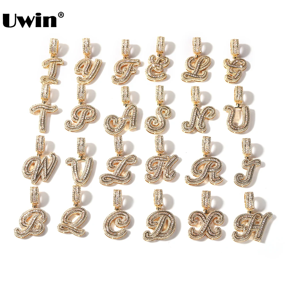 

UWIN Initial Letters Pendant Necklace with Tennis Chain Iced Out Baguettecz Cursive Letter Charms Hip Hop Necklaces for Gift