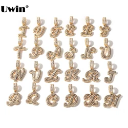 UWIN Initial Letters Pendant Necklace with Tennis Chain Iced Out Baguettecz Cursive Letter Charms Hip Hop Necklaces for Gift