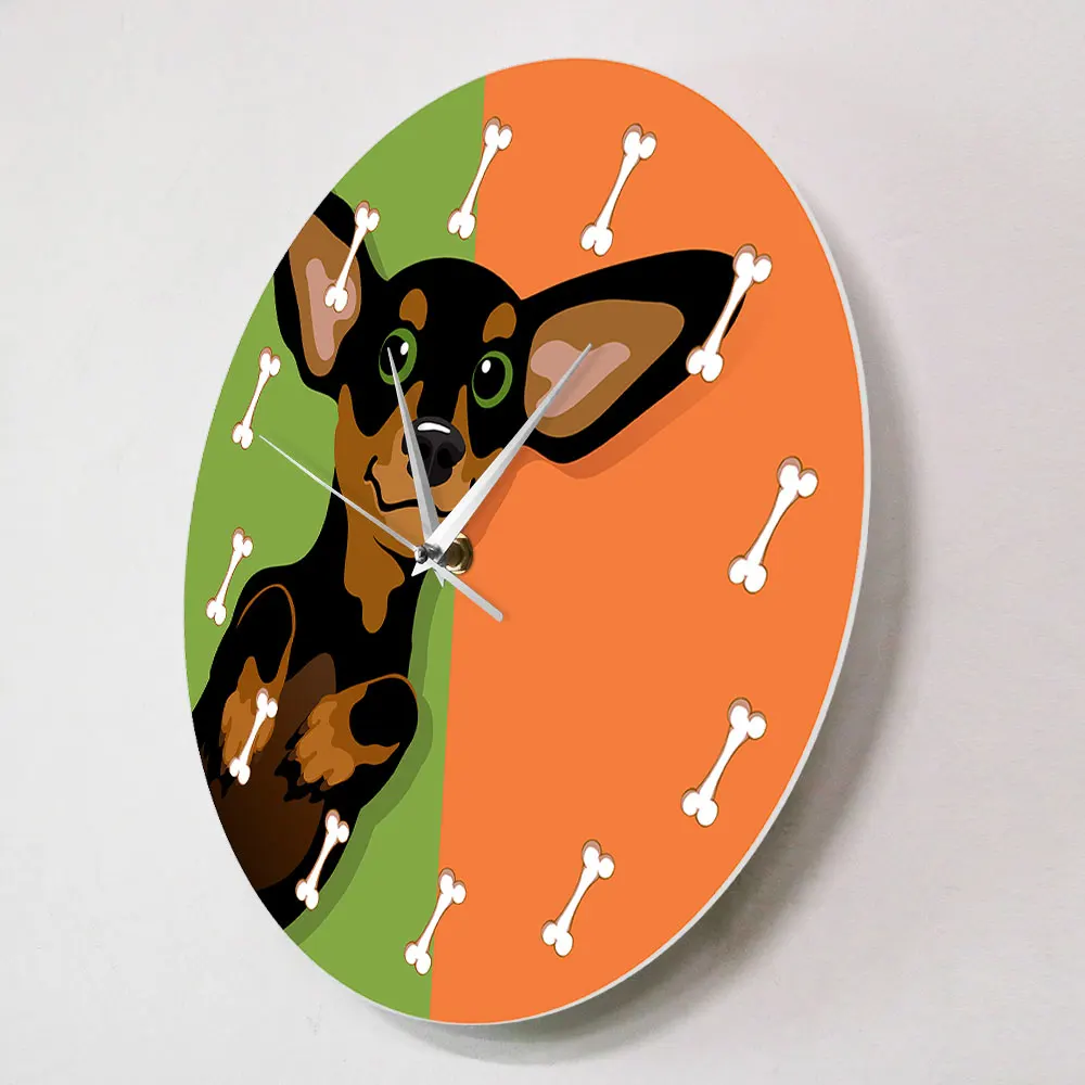 Cartoon Dachshund With Dog Bone Wall Clock Adorable Puppy Sausage Silent Clock Wall Watch Wiener Home Decor Doxie Lover Gift