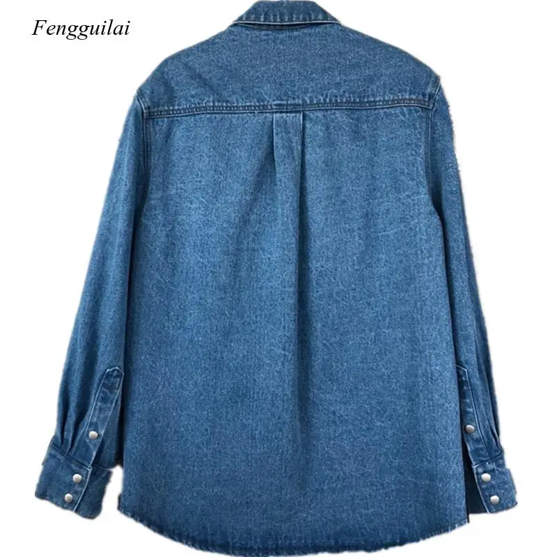 Chaqueta vaquera de manga larga para mujer, chaqueta de un solo pecho, abrigo de moda, Color azul oscuro, 2021