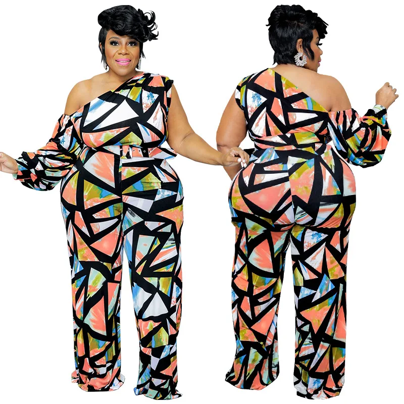 Women\'s Jumpsuit L- 4xl Plus Size One Piece Outfits Single Sleeve Plaid Wide Leg with Slash Bodysuit Wholesale Dropshipping