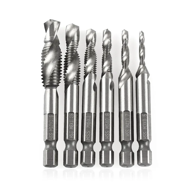 6Pcs Hex Shank Long/Short Silver Titanium Plated HSS Screw Thread Metric Tap Drill Bits Screw Machine Compound tap Hand Tools
