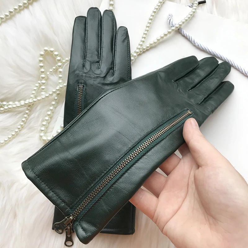 Gants courts à fermeture éclair pour femmes, 28cm, vert foncé, en peau de mouton, à la mode, pour conduire, garder au chaud en hiver, nouveau