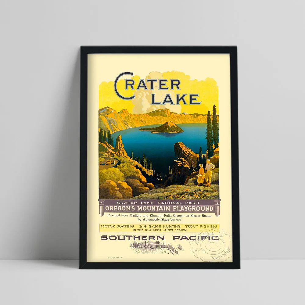 Vintage World Travel Poster, Southern Pacific Crater Lake Still Life Art Prints, Lake Mountain Scenery Wall Picture Home Decor