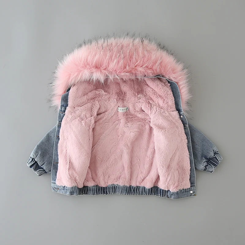 Baby Girl Deinm Jacket Winter Toddler Kids Faux Fur Hooded Fleece Warm Denim Coat 1-10Years Children Thick Outwear Coat Overcoat