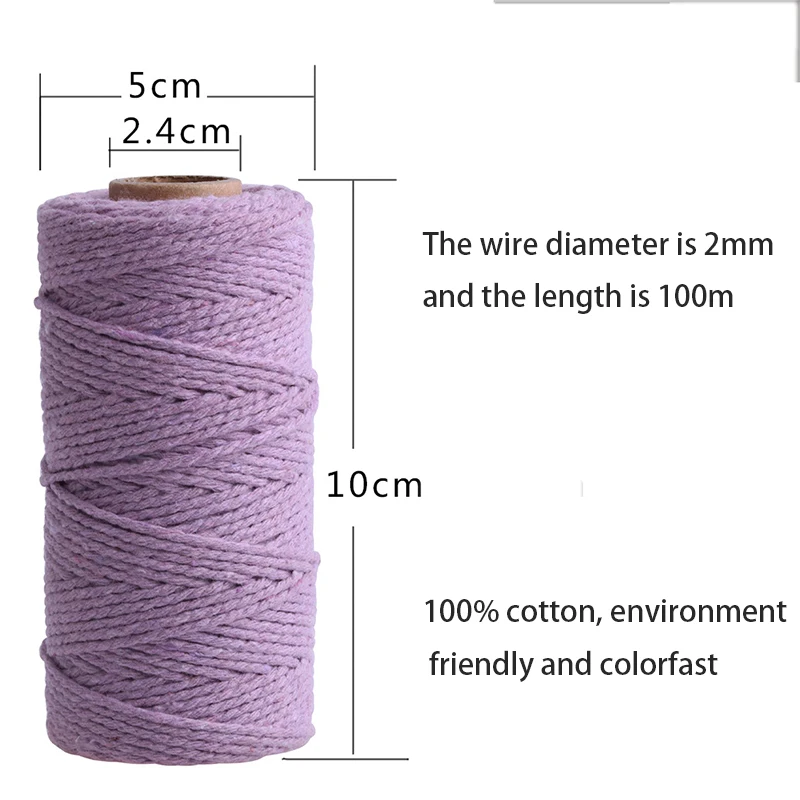 2mm 100m 100% Cotton Rope Colorful Twine Macrame Cord String Thread Party Wedding Decor Accessory Home Textile Crafts DIY Cord