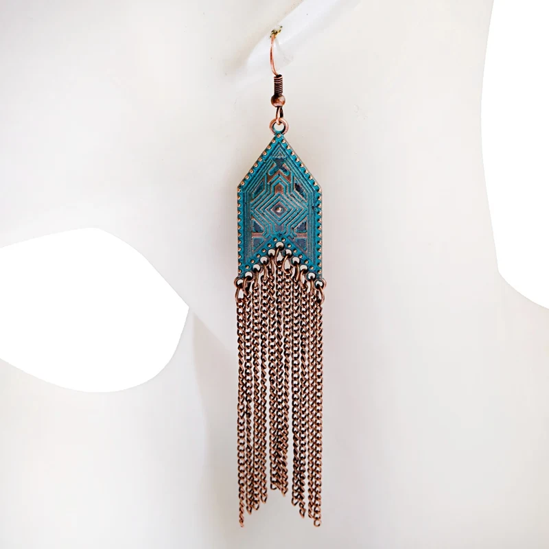 Women\'s Tassel Dangle Earrings Rhombus Alloy Long Chain Bohemia Earrings Jhumka Earrings Orecchini Etnici