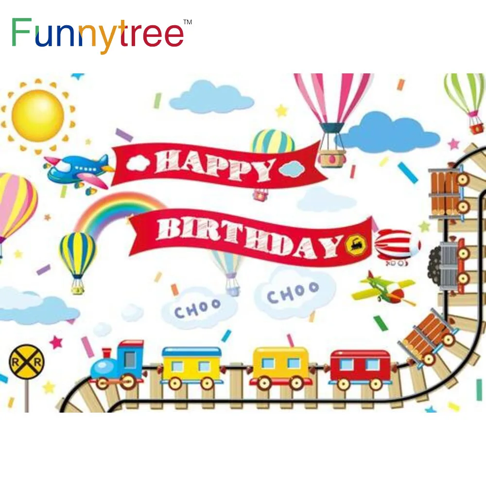 

Funnytree Happy Birthday Party Train Theme Background Hot Air Rainbow Baby Shower Banner Kindergarten Photophone Backdrop