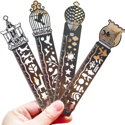 4pcs/lot Simple Hollow Exquisite Metal Bookmark with Scale Ruler Creative Multifunctional Exquisite Painting Icon Model Ruler