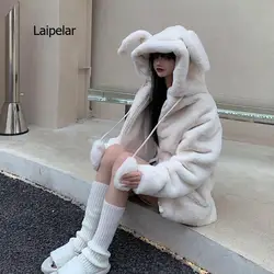 Spring fluffy jacket with rabbit ears raglan sleeve zipper Oversize light soft harajuku kawaii faux fur hoodie 2021