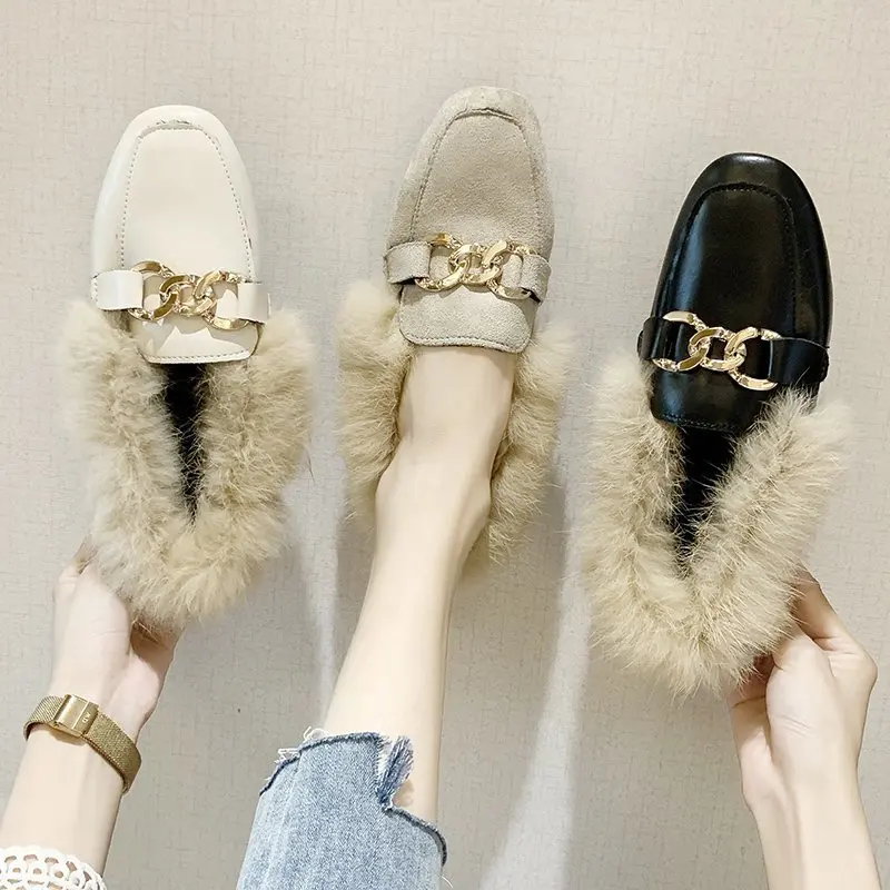 Winter Shoes Women Women's Moccasins Casual Female Sneakers Flats Square Toe Autumn Loafers Fur Shallow Mouth New Dress Fall