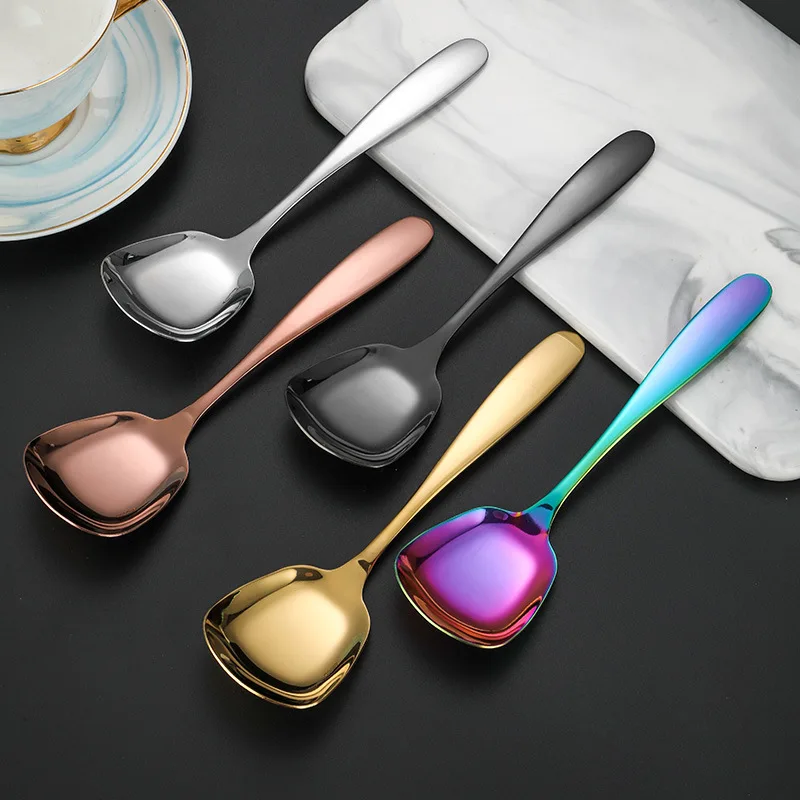 Stainless Steel Square Head Soup Spoon Teaspoons Home Tablespoons Ice Cream Shovel Table Service Kitchen Utensils