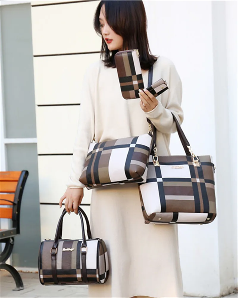 Fashion Luxury Women Large Capacity 6 in1 Shoulder Bag PU Leather Female Plaid Color 6 Pcs Set Retro Tote Handbag Messenger Bag