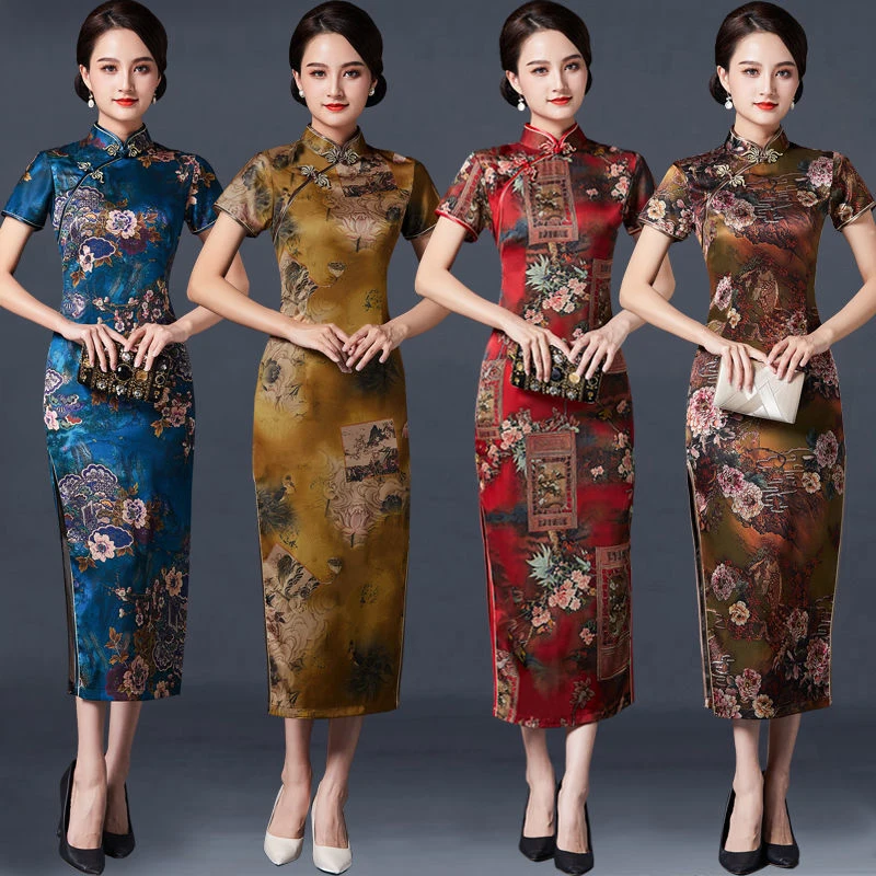 

Vintage Floral Print Dress New Asia Chinese Style Qipao Long Middle Aged Mother Cheongsam Mandarin Collar Sexy Banquet Party