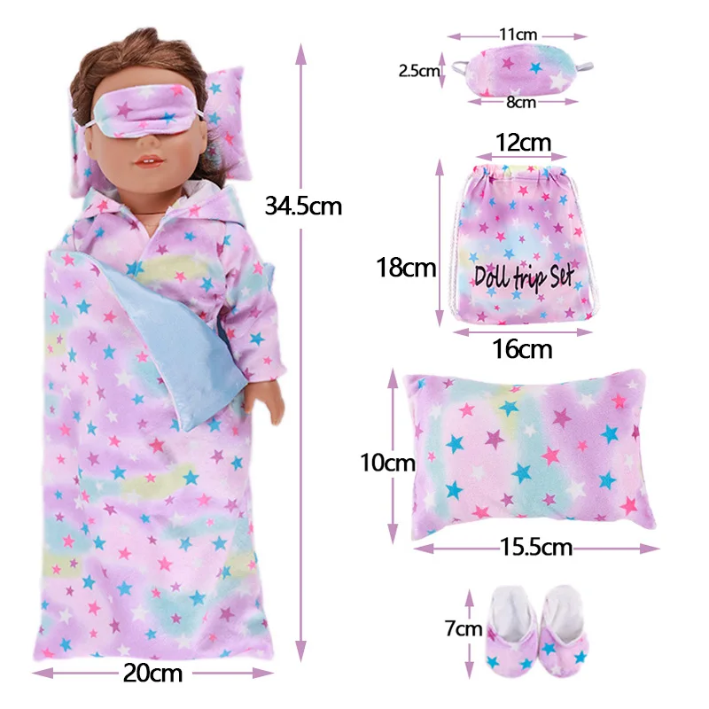 6Pcs Doll Sleeping Bag Bathrobes,Unicorn Jumpsuits,Sleeping Bag,Pillow,Mask,Slipper Fit 18Inch American&43CM Born Baby Girl Toy